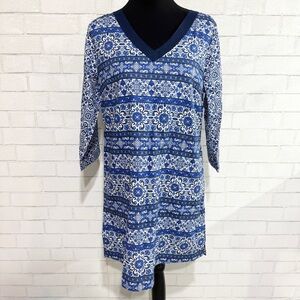 Land’s End Deep Sea Mixed Majolica Blue and White Print Tunic Top Dress Cover Up
